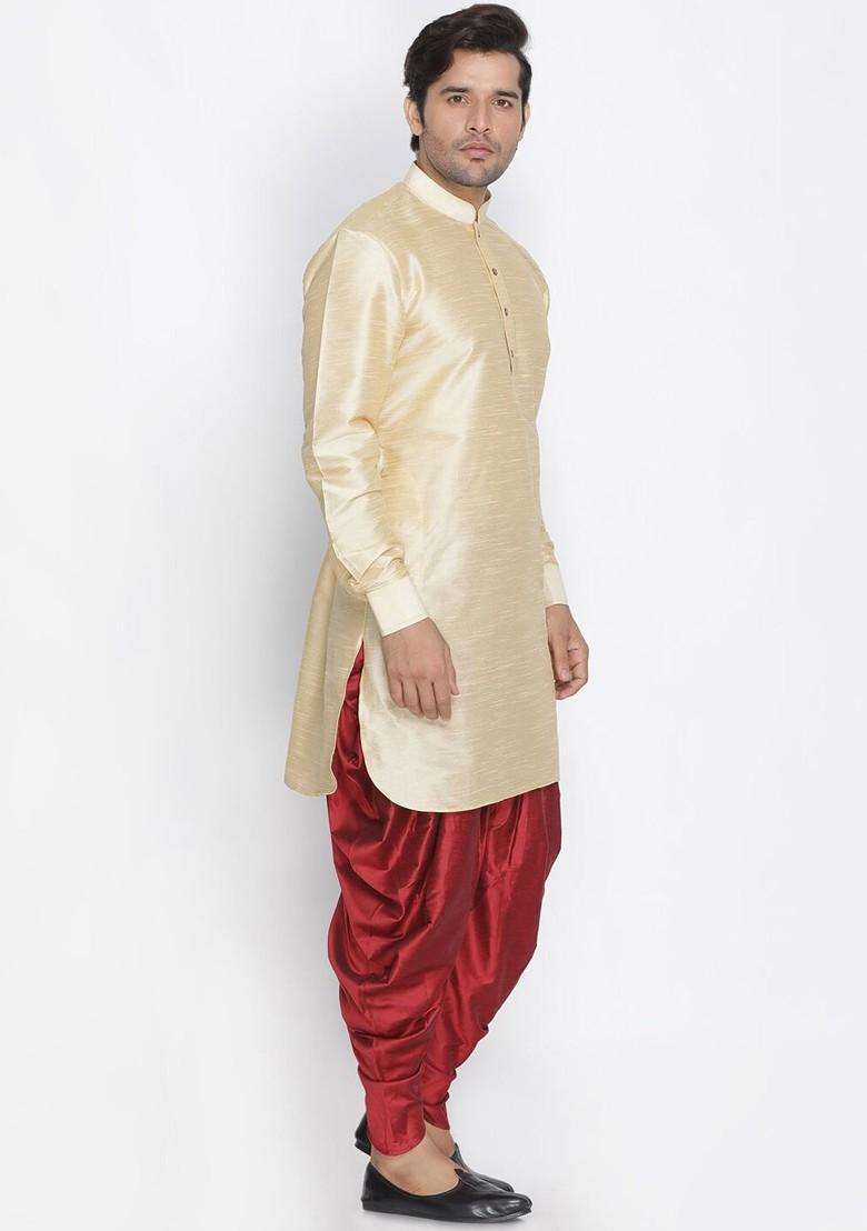 Gold Solid Poly Blend Kurta Set For Men