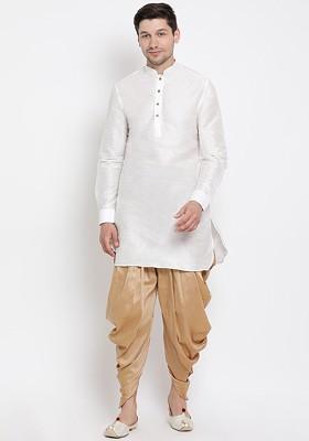 White Solid Poly Blend Kurta Set For Men
