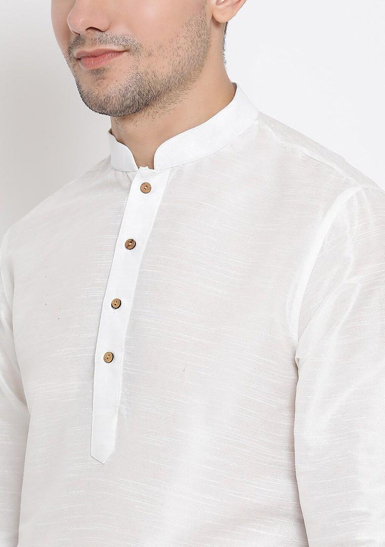 White Solid Poly Blend Kurta Set For Men