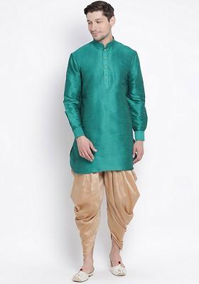 Green Solid Poly Blend Kurta Set For Men