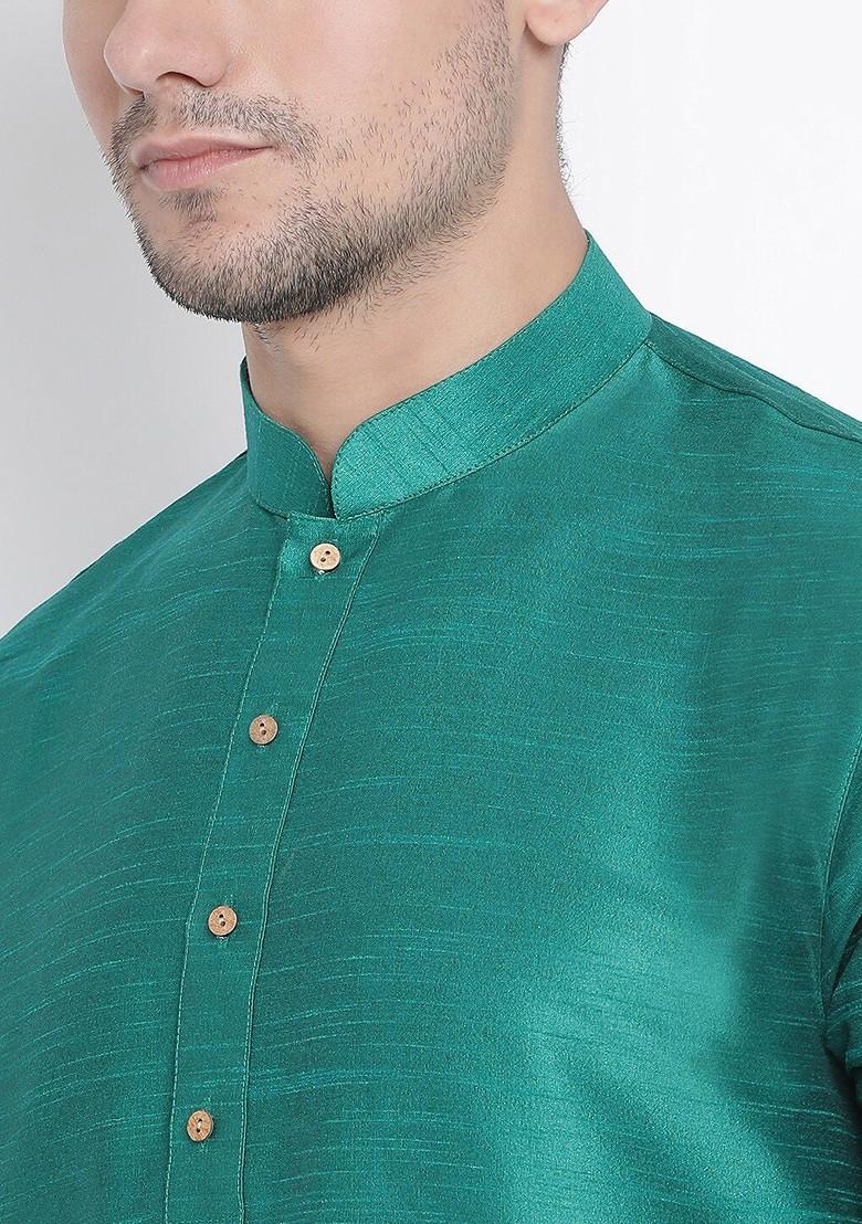 Green Solid Poly Blend Kurta Set For Men