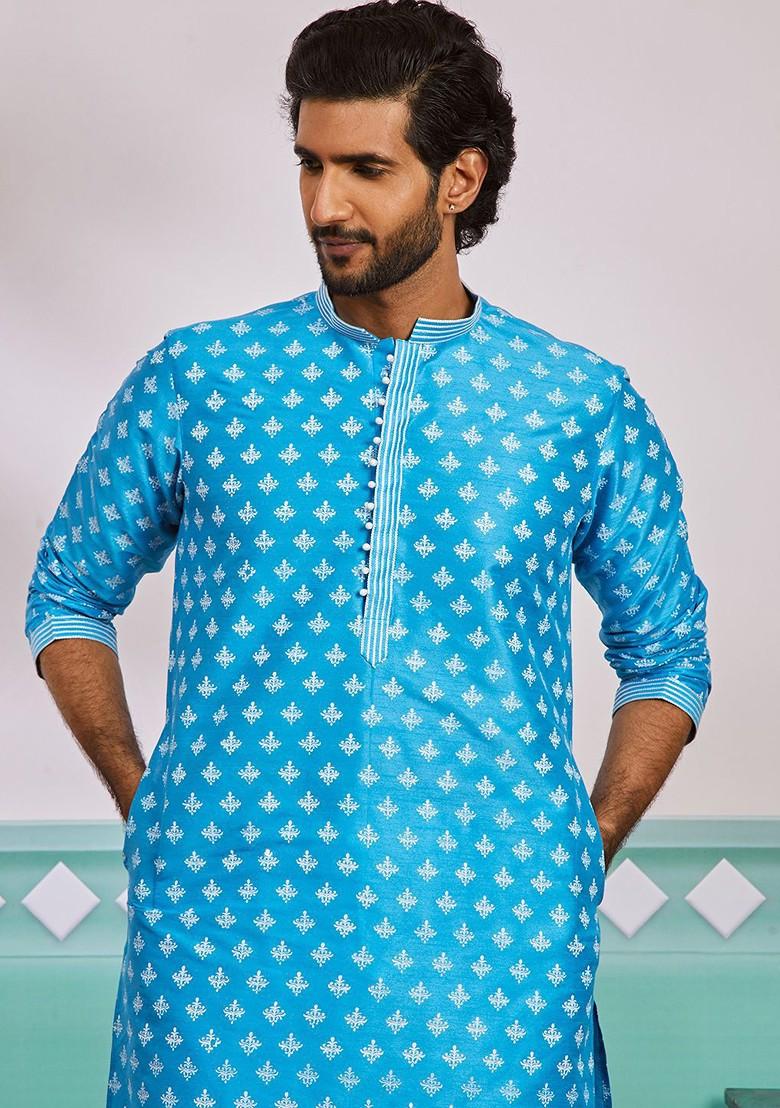 Blue Ethnic Motifs Poly Blend Kurta Set For Men
