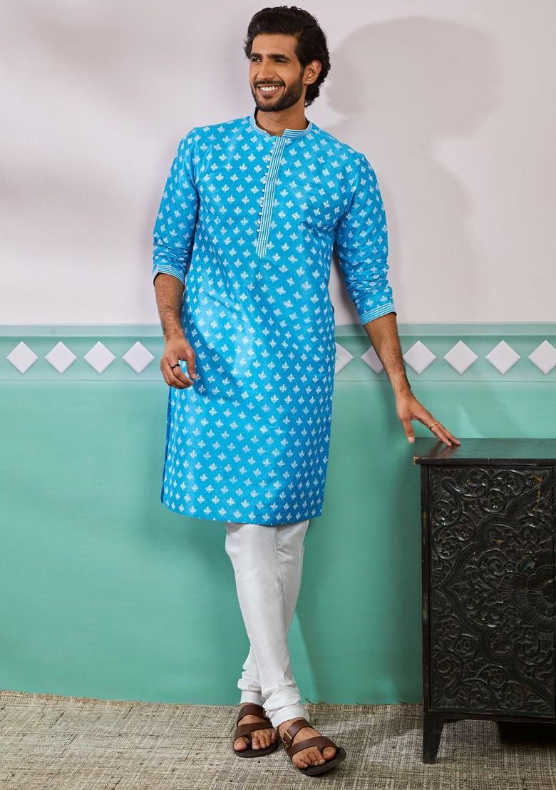 Blue Ethnic Motifs Poly Blend Kurta Set For Men