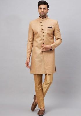 Beige Embroidered Cotton Indowestern Sherwani Set For Men