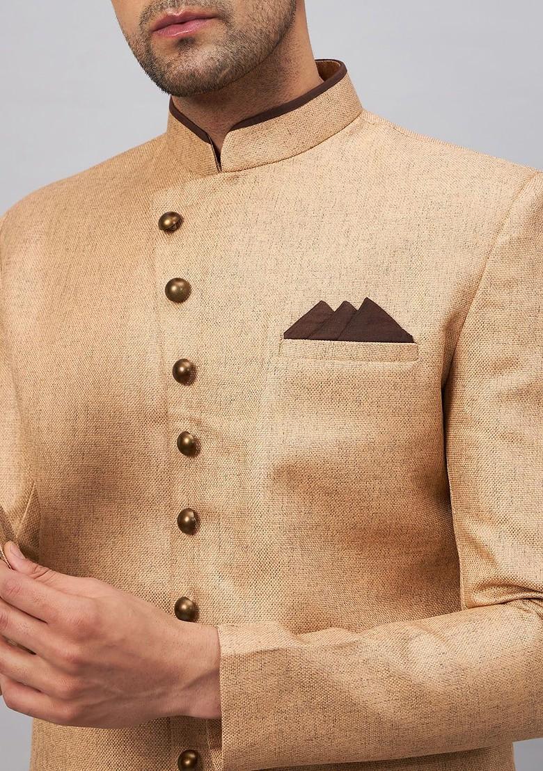 Beige Embroidered Cotton Indowestern Sherwani Set For Men