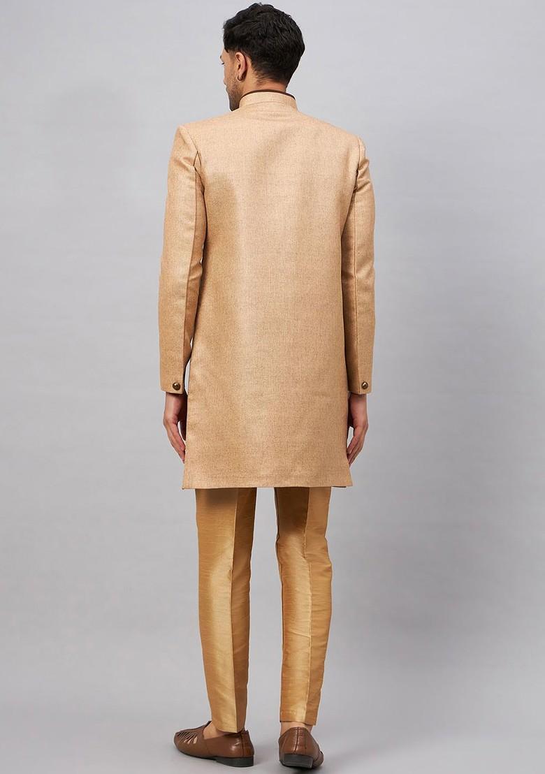 Beige Embroidered Cotton Indowestern Sherwani Set For Men