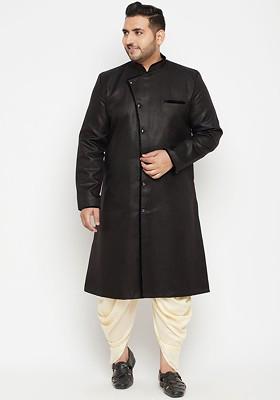 Black Solid Poly Blend Indowestern Sherwani Set For Men