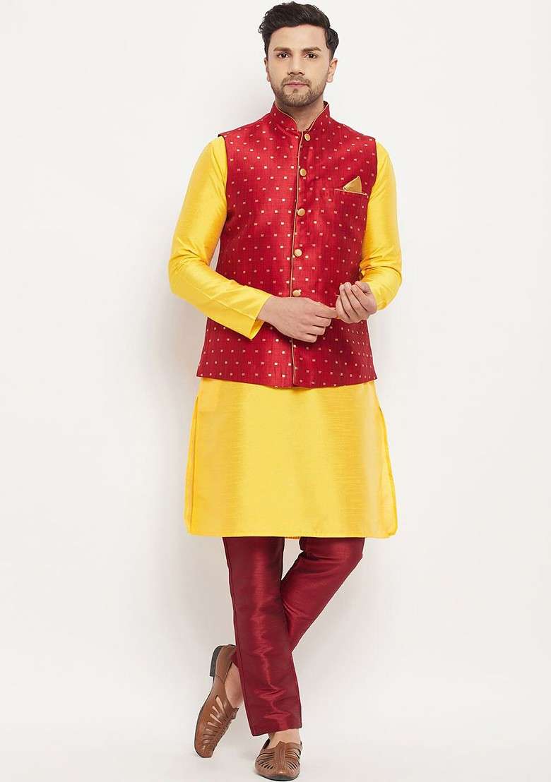 Yellow Solid Poly Blend Kurta Set For Men - Indya