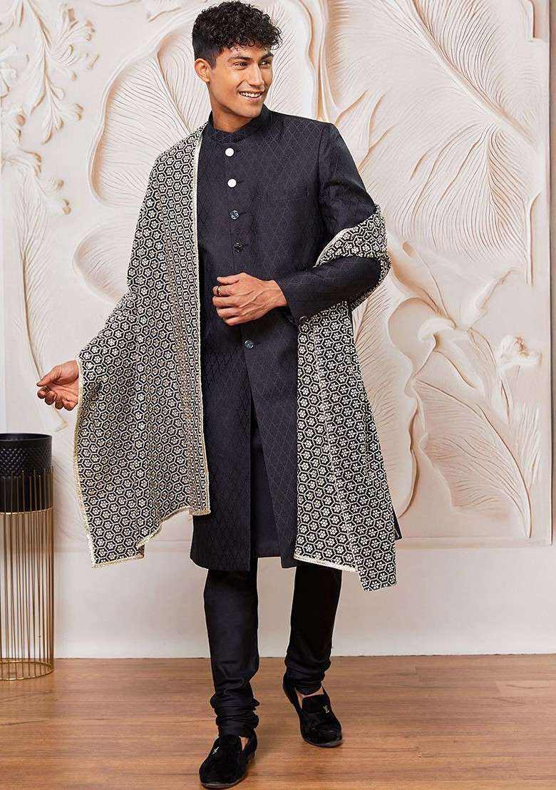 Black Embroidered Poly Blend Indowestern Sherwani Set For Men - Indya