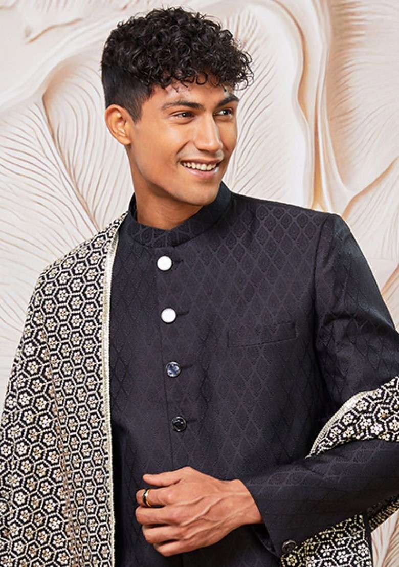 Black Embroidered Poly Blend Indowestern Sherwani Set For Men - Indya