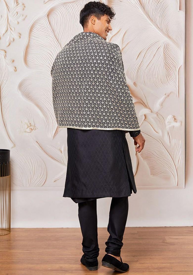 Black Embroidered Poly Blend Indowestern Sherwani Set For Men