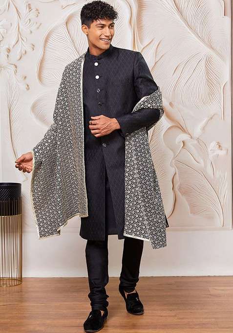Black Embroidered Poly Blend Indowestern Sherwani Set For Men