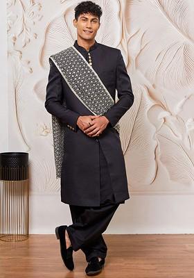 Black Embroidered Poly Blend Indowestern Sherwani Set For Men