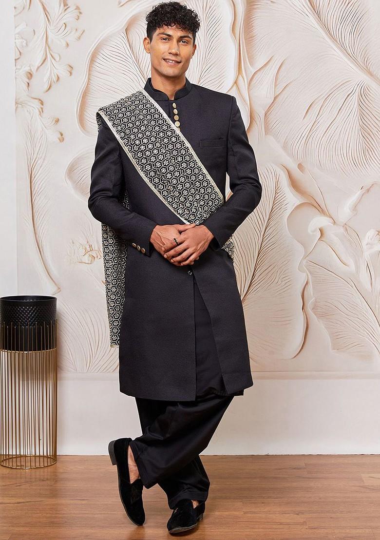 Black Embroidered Poly Blend Indowestern Sherwani Set For Men