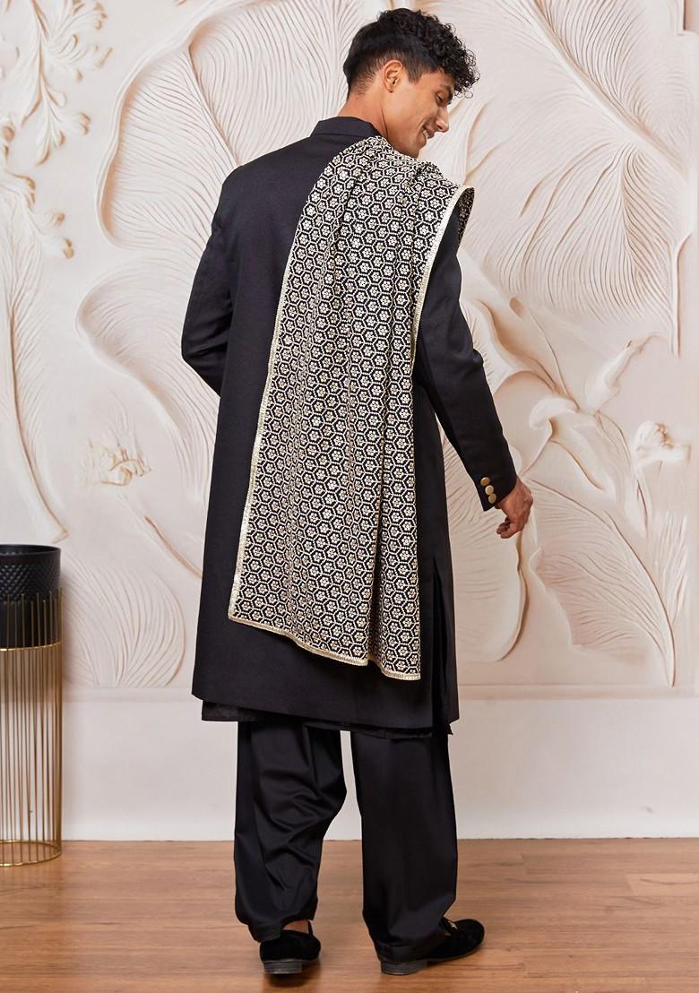 Black Embroidered Poly Blend Indowestern Sherwani Set For Men