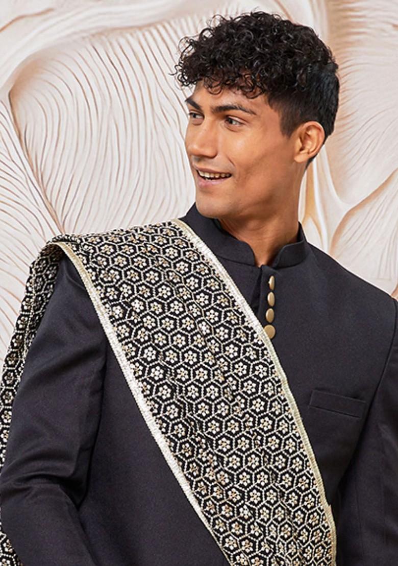 Black Embroidered Poly Blend Indowestern Sherwani Set For Men