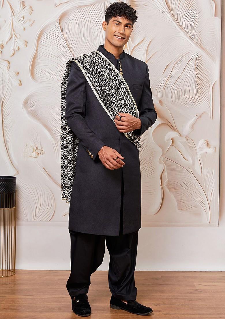 Black Embroidered Poly Blend Indowestern Sherwani Set For Men