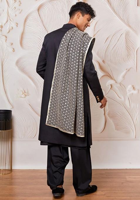 Black Embroidered Poly Blend Indowestern Sherwani Set For Men