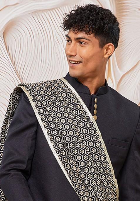 Black Embroidered Poly Blend Indowestern Sherwani Set For Men