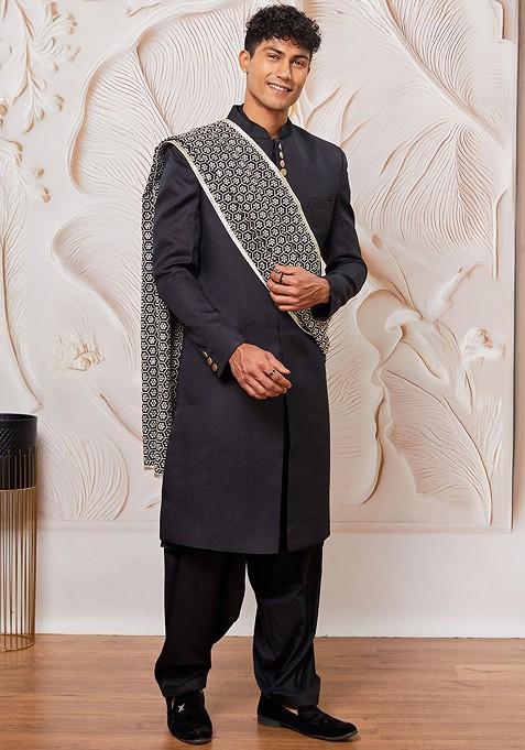 Black Embroidered Poly Blend Indowestern Sherwani Set For Men