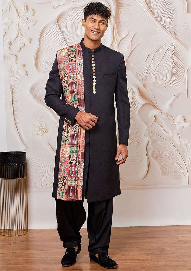 Black Printed Poly Blend Indowestern Sherwani Set For Men - Indya