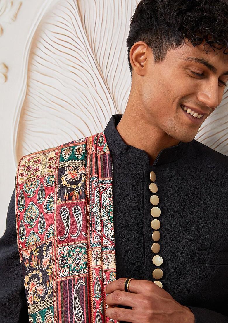 Black Printed Poly Blend Indowestern Sherwani Set For Men