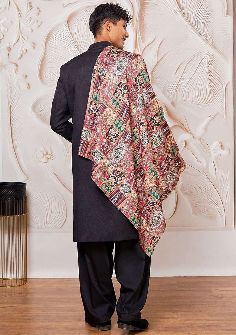 Black Printed Poly Blend Indowestern Sherwani Set For Men - Indya