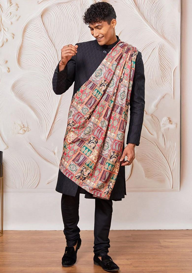Black Printed Poly Blend Indowestern Sherwani Set For Men