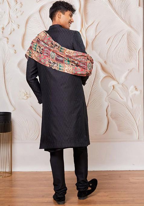 Black Printed Poly Blend Indowestern Sherwani Set For Men