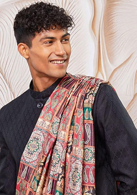Black Printed Poly Blend Indowestern Sherwani Set For Men