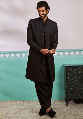 Black Solid Poly Blend Indowestern Sherwani Set For Men