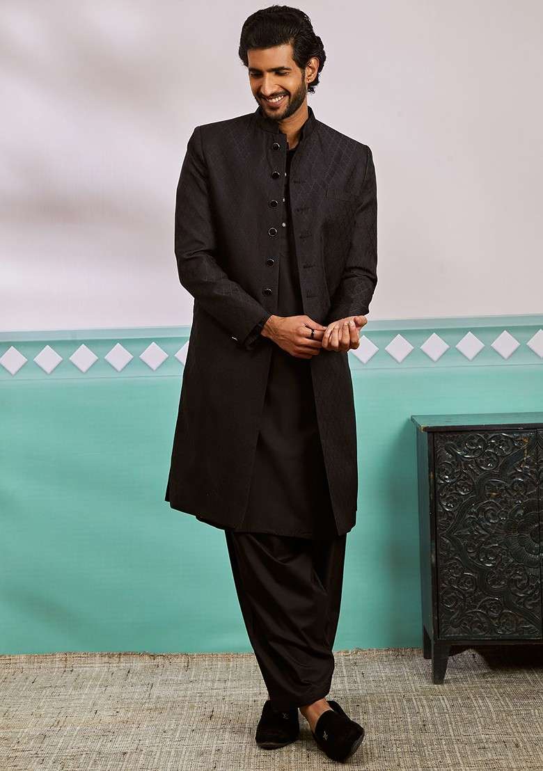 Black Solid Poly Blend Indowestern Sherwani Set For Men - Indya