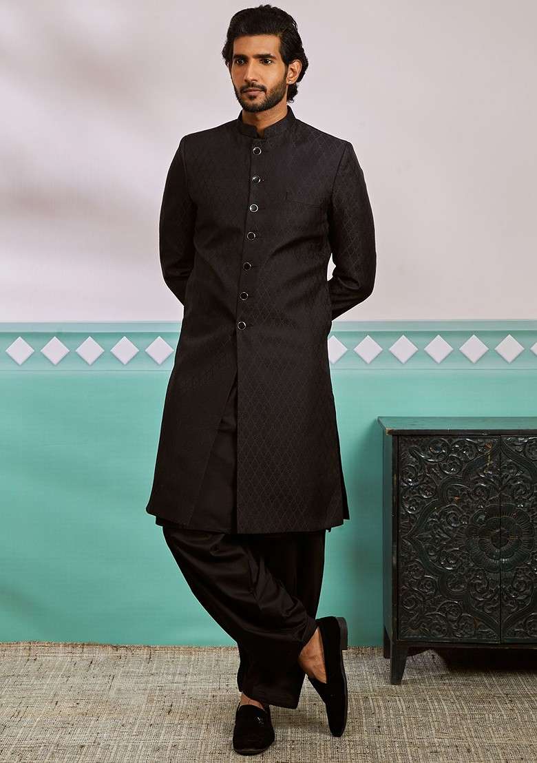 Black Solid Poly Blend Indowestern Sherwani Set For Men - Indya