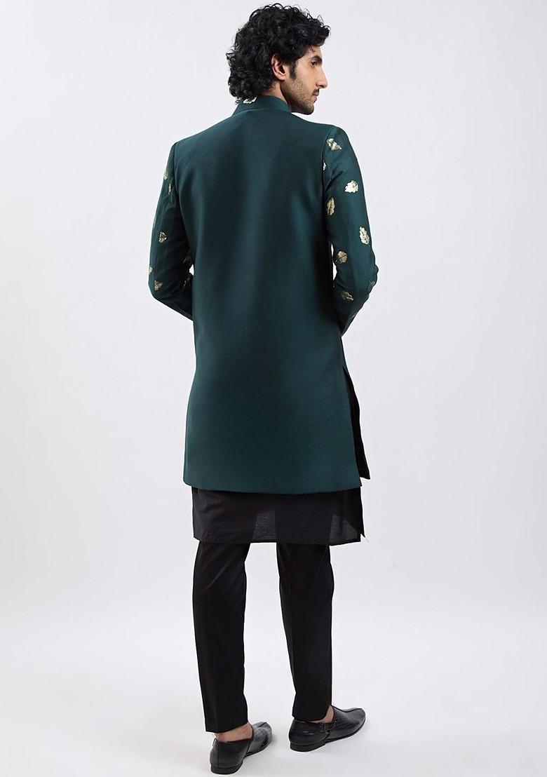 Green Sequin Work Poly Blend Indowestern Sherwani Set For Men