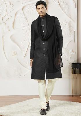 Black Embroidered Poly Blend Indowestern Sherwani Set For Men