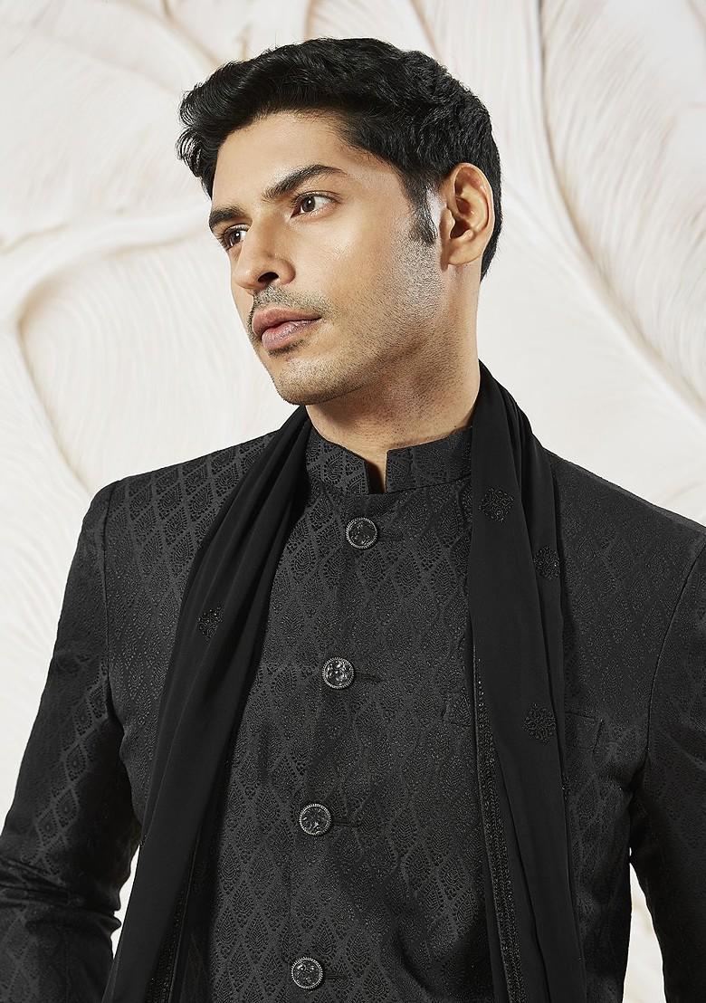 Black Embroidered Poly Blend Indowestern Sherwani Set For Men