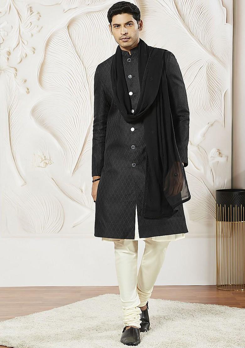 Black Embroidered Poly Blend Indowestern Sherwani Set For Men