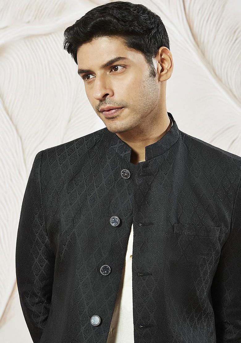 Black Solid Poly Blend Indowestern Sherwani Set For Men
