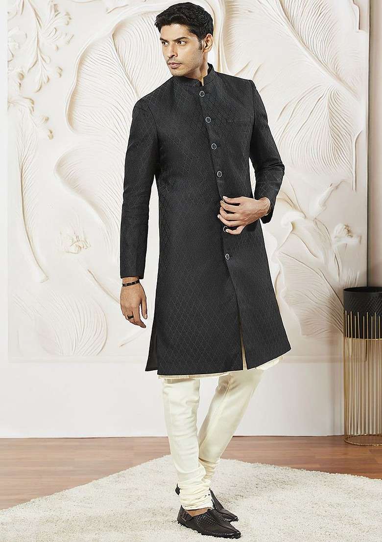 Black Solid Poly Blend Indowestern Sherwani Set For Men - Indya