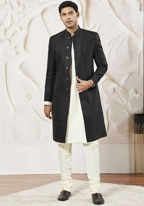 Black Solid Poly Blend Indowestern Sherwani Set For Men