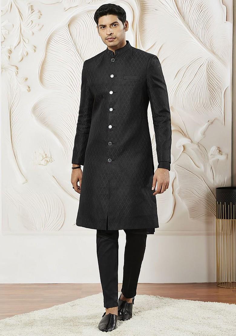 Black Solid Poly Blend Indowestern Sherwani Set For Men