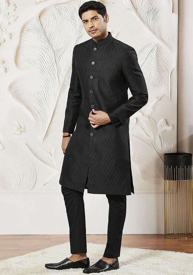 Black Solid Poly Blend Indowestern Sherwani Set For Men