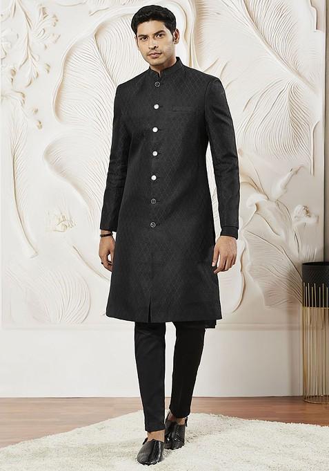 Black Solid Poly Blend Indowestern Sherwani Set For Men