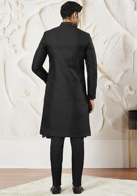 Black Solid Poly Blend Indowestern Sherwani Set For Men