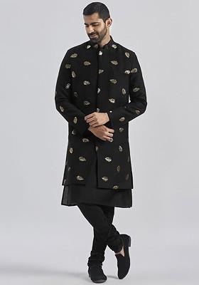 Black Embroidered Poly Blend Indowestern Sherwani Set For Men