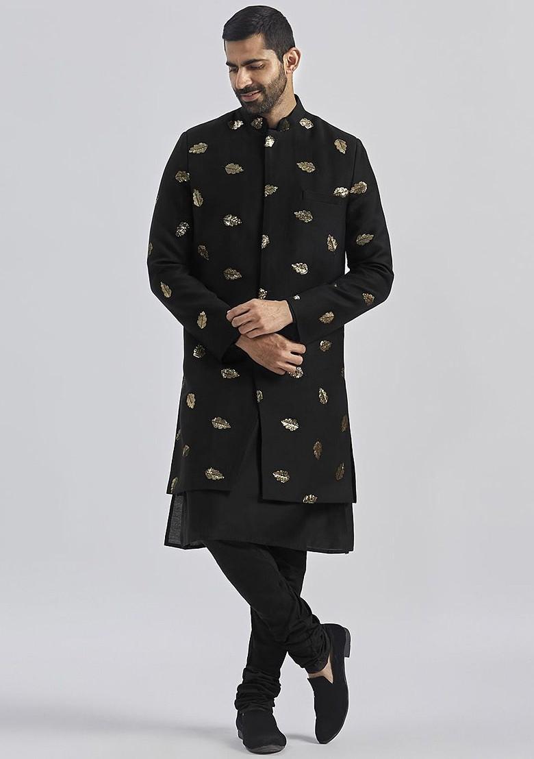 Black Embroidered Poly Blend Indowestern Sherwani Set For Men