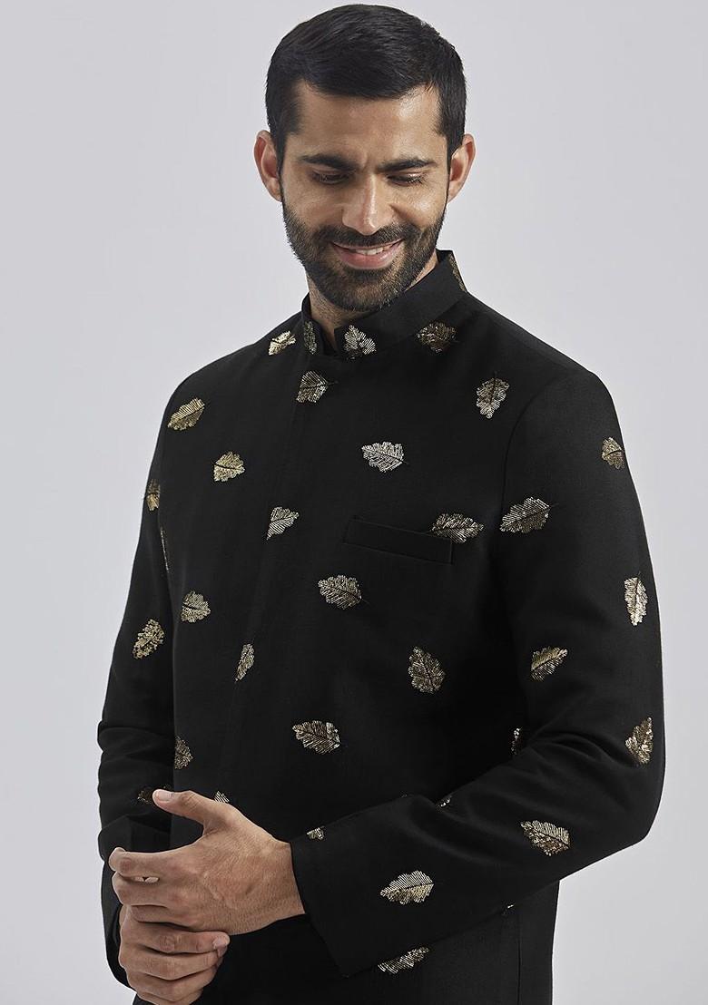 Black Embroidered Poly Blend Indowestern Sherwani Set For Men