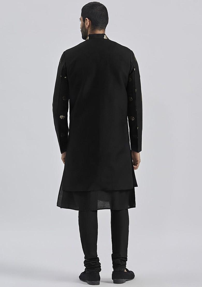 Black Embroidered Poly Blend Indowestern Sherwani Set For Men