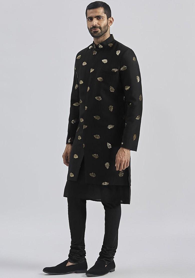 Black Embroidered Poly Blend Indowestern Sherwani Set For Men