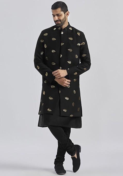 Black Embroidered Poly Blend Indowestern Sherwani Set For Men